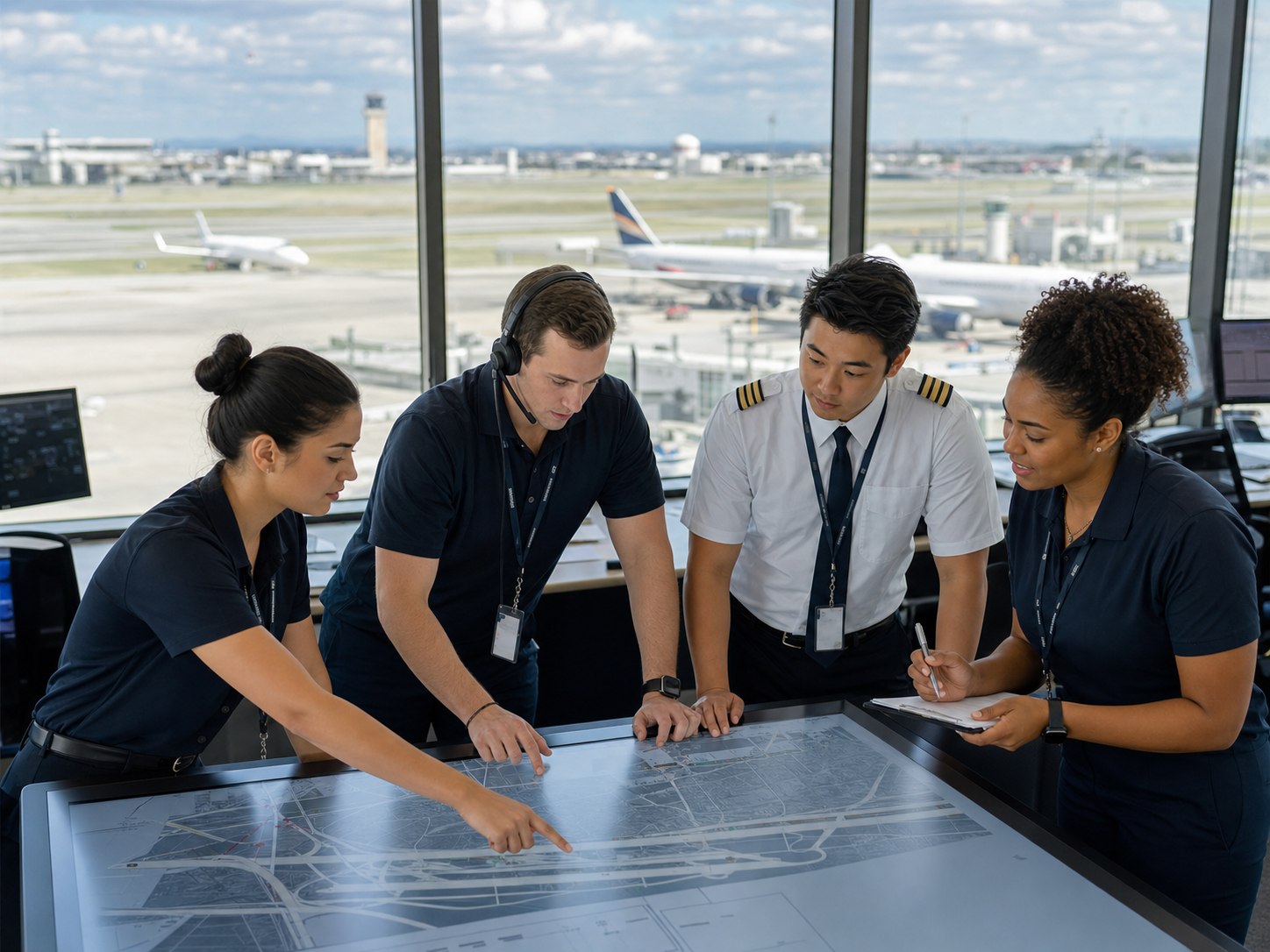 Early-career aviation professionals coordinate airport operations around a digital planning table