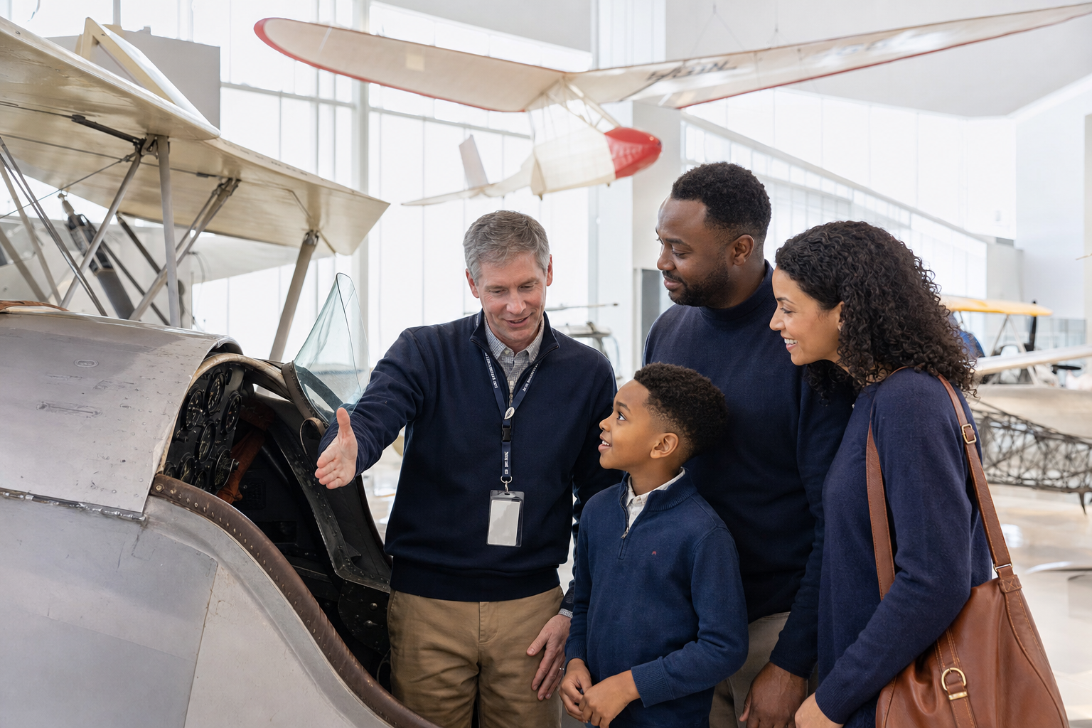 A family learns about a historic cockpit with an aviation museum docent