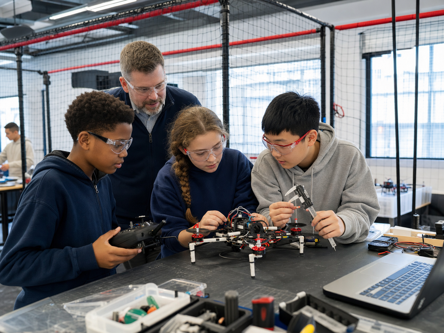 Middle school students build and measure an educational drone in a supervised makerspace