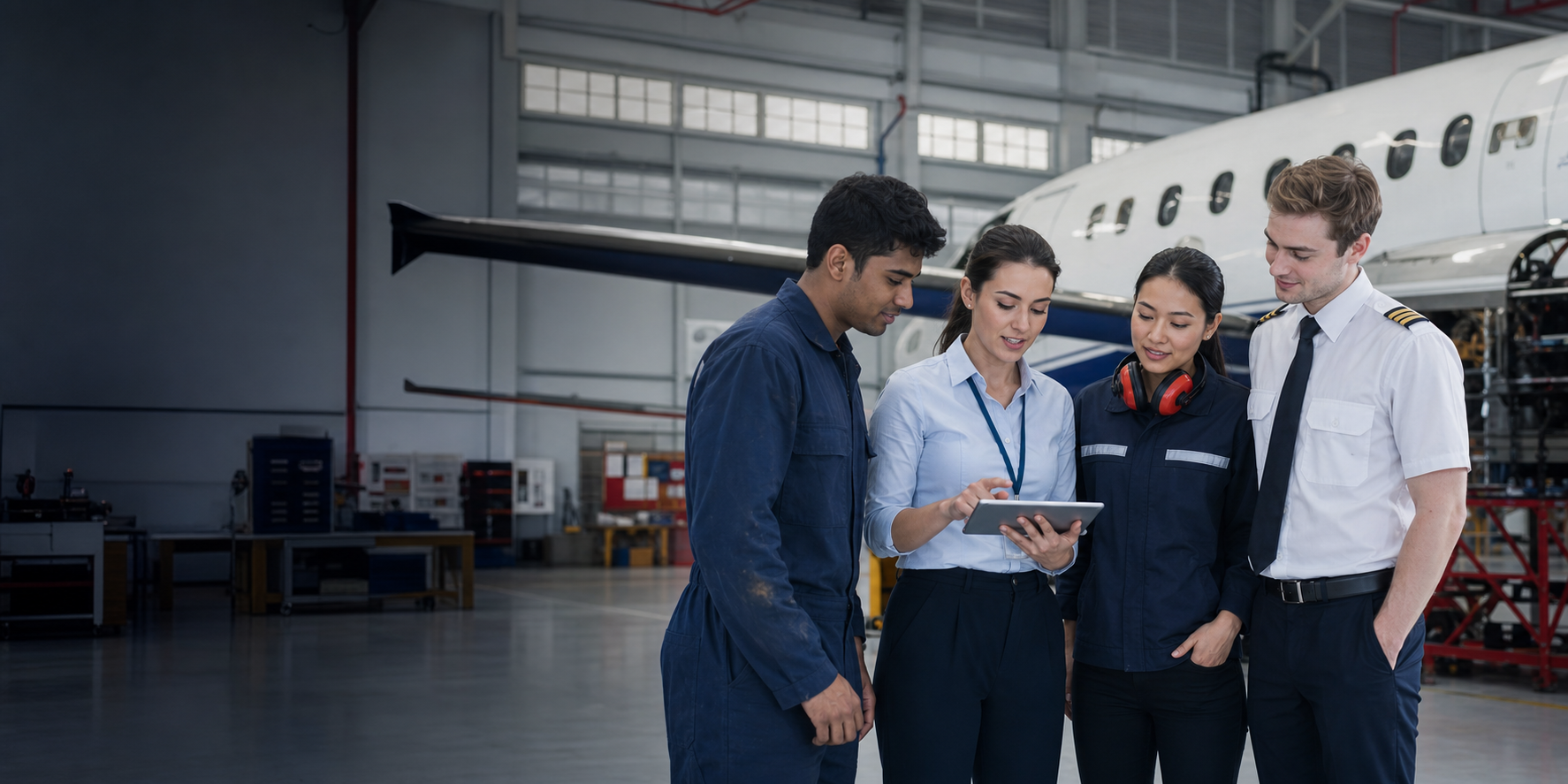 Early-career aviation professionals collaborate beside an aircraft