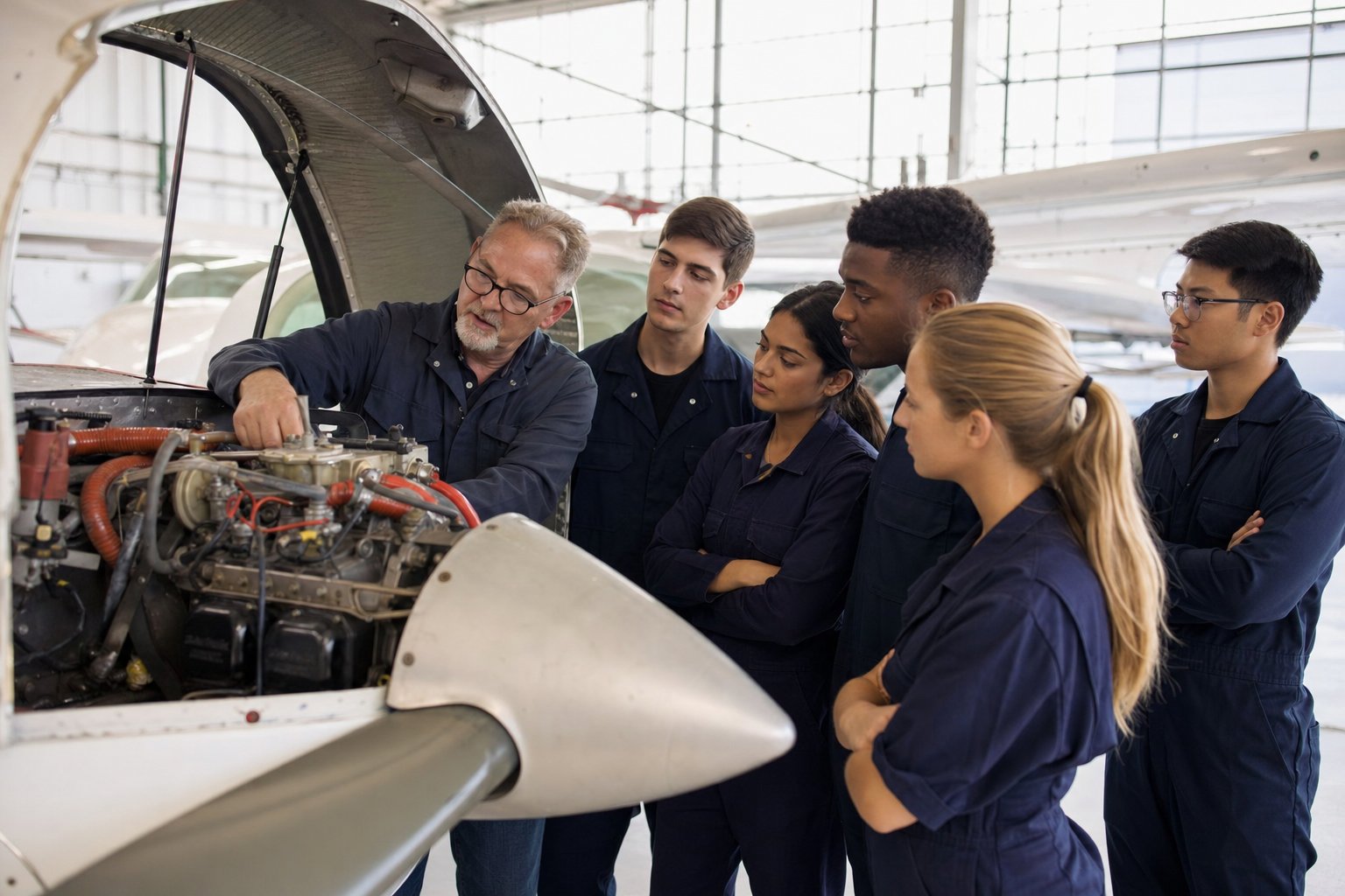 College aviation students learn aircraft inspection in a hangar