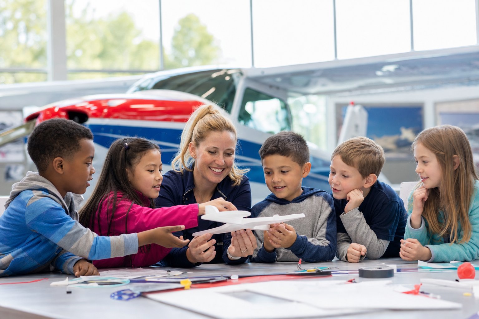 Young students explore a model airplane with an educator
