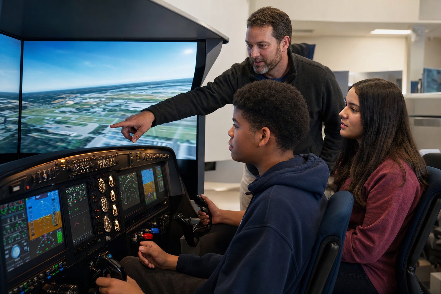 High school students practice in an aviation simulator
