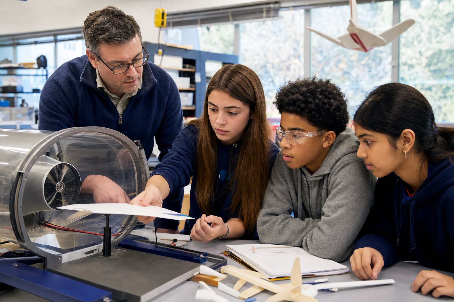 Middle school students investigate airflow around a model wing